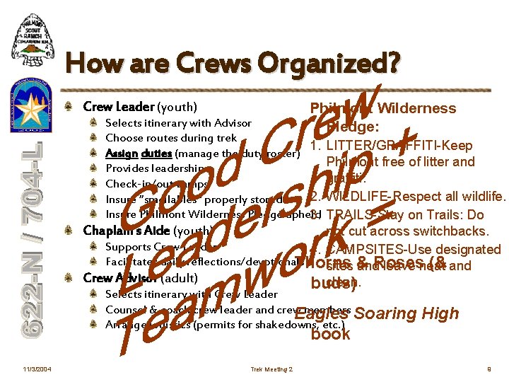 How are Crews Organized? Crew Leader (youth) Philmont Wilderness Pledge: Selects itinerary with Advisor