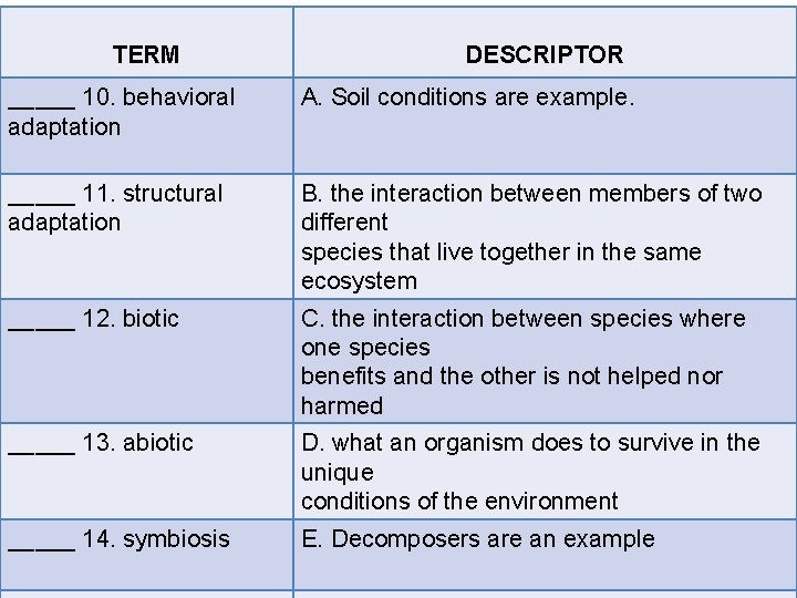 TERM DESCRIPTOR _____ 10. behavioral adaptation A. Soil conditions are example. _____ 11. structural