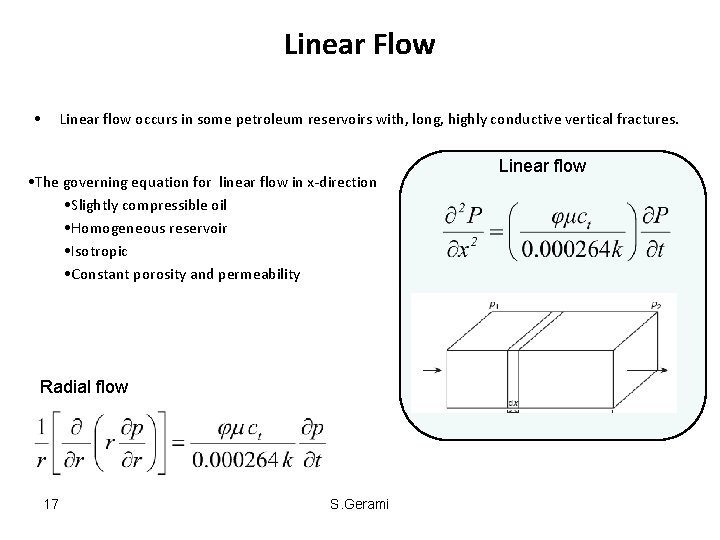 Linear Flow • Linear flow occurs in some petroleum reservoirs with, long, highly conductive
