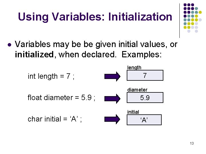 Using Variables: Initialization l Variables may be be given initial values, or initialized, when