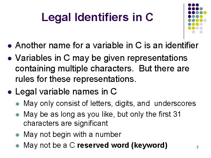 Legal Identifiers in C l l l Another name for a variable in C