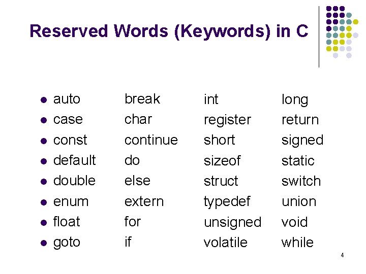 Reserved Words (Keywords) in C l l l l auto case const default double