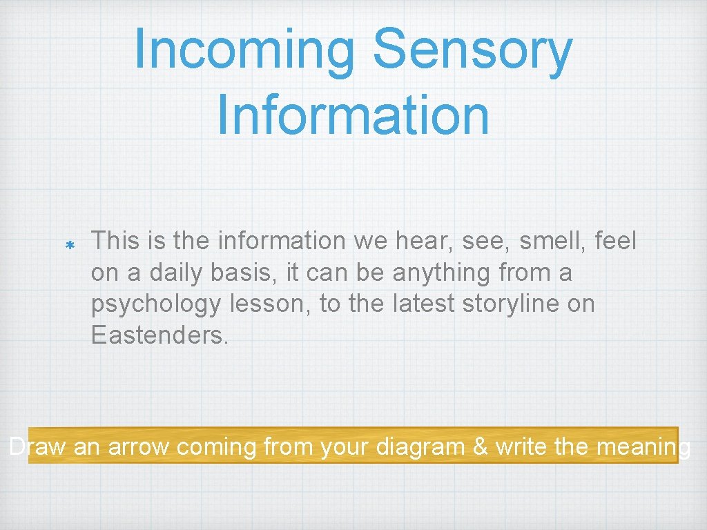 Incoming Sensory Information This is the information we hear, see, smell, feel on a