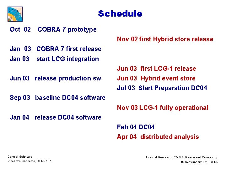 Schedule Oct 02 COBRA 7 prototype Nov 02 first Hybrid store release Jan 03