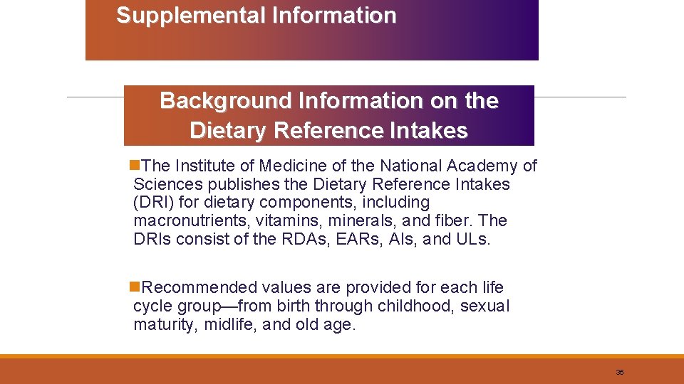 Supplemental Information Background Information on the Dietary Reference Intakes n. The Institute of Medicine