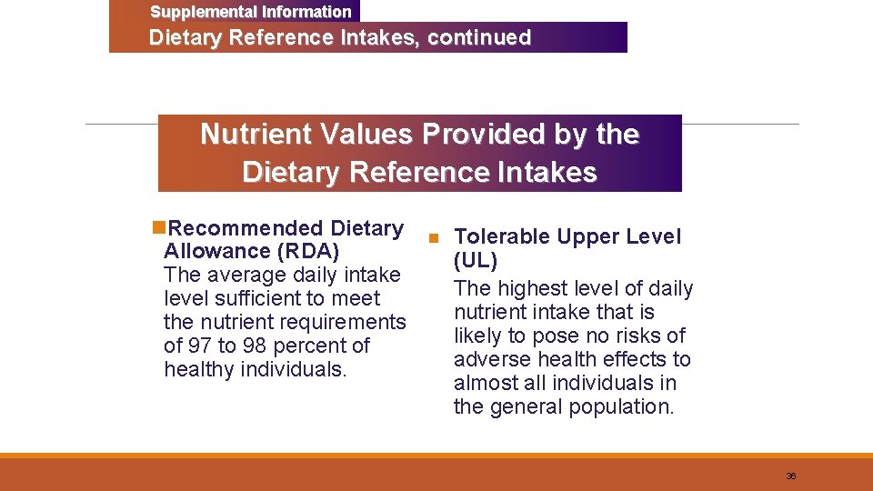 Supplemental Information Dietary Reference Intakes, continued Nutrient Values Provided by the Dietary Reference Intakes