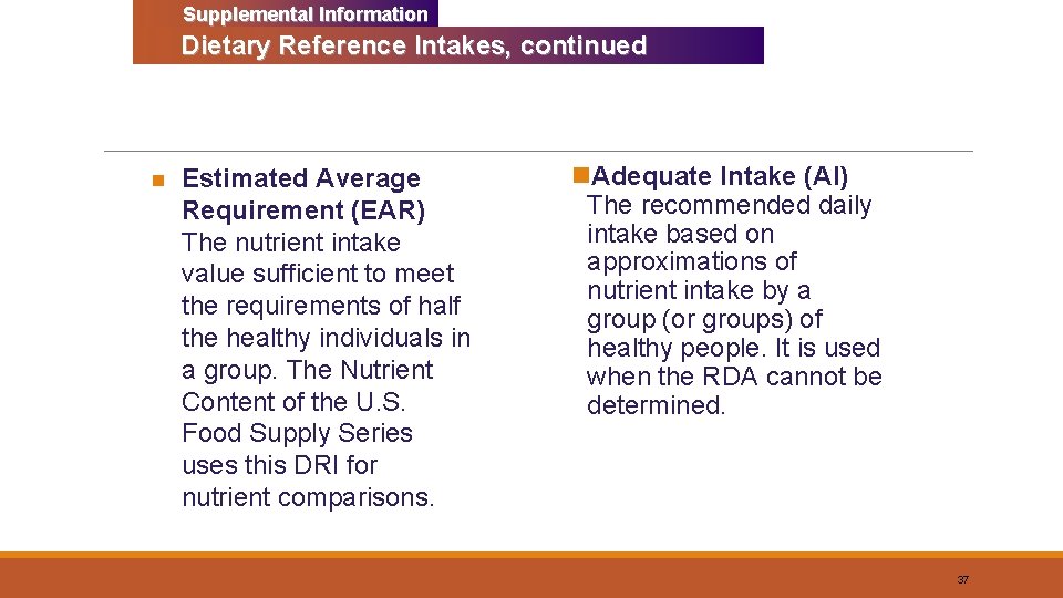 Supplemental Information Dietary Reference Intakes, continued n Estimated Average Requirement (EAR) The nutrient intake