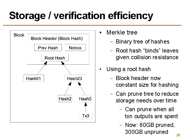 Storage / verification efficiency • Merkle tree – Binary tree of hashes – Root