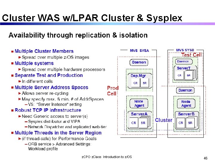 Cluster WAS w/LPAR Cluster & Sysplex z. CPO z. Class Introduction to z/OS 46