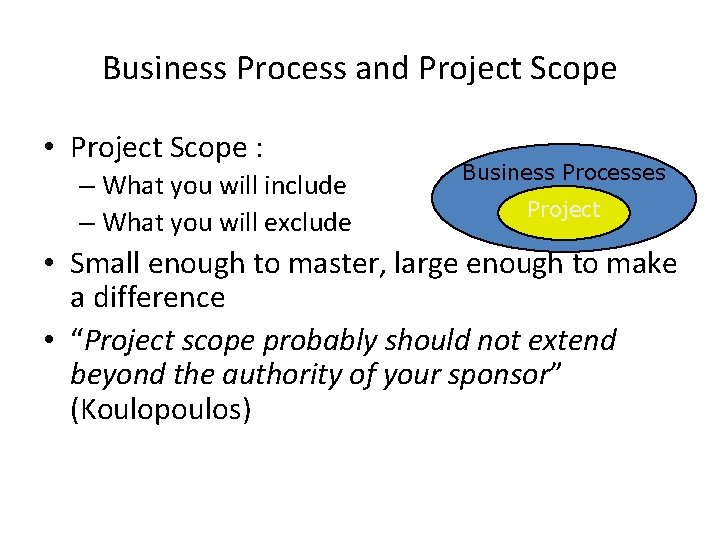Business Process and Project Scope • Project Scope : – What you will include