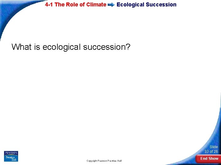 4 -1 The Role of Climate Ecological Succession What is ecological succession? Slide 33