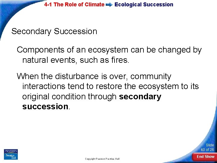 4 -1 The Role of Climate Ecological Succession Secondary Succession Components of an ecosystem