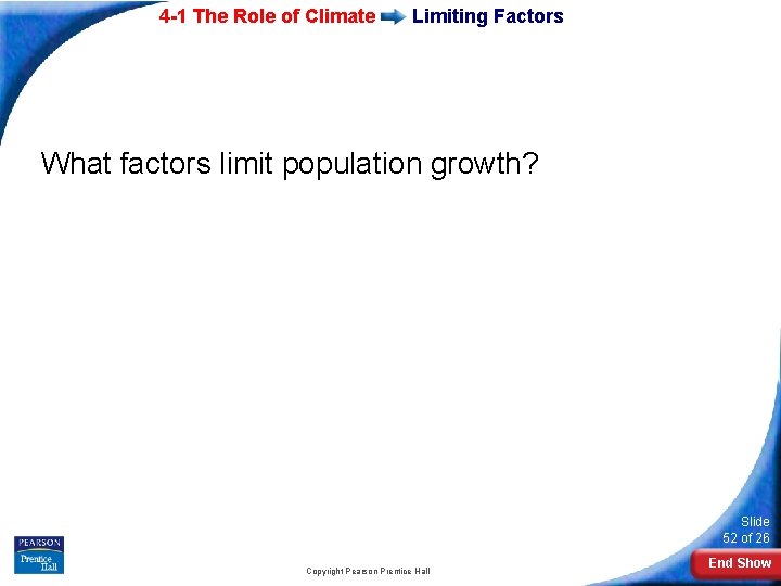 4 -1 The Role of Climate Limiting Factors What factors limit population growth? Slide