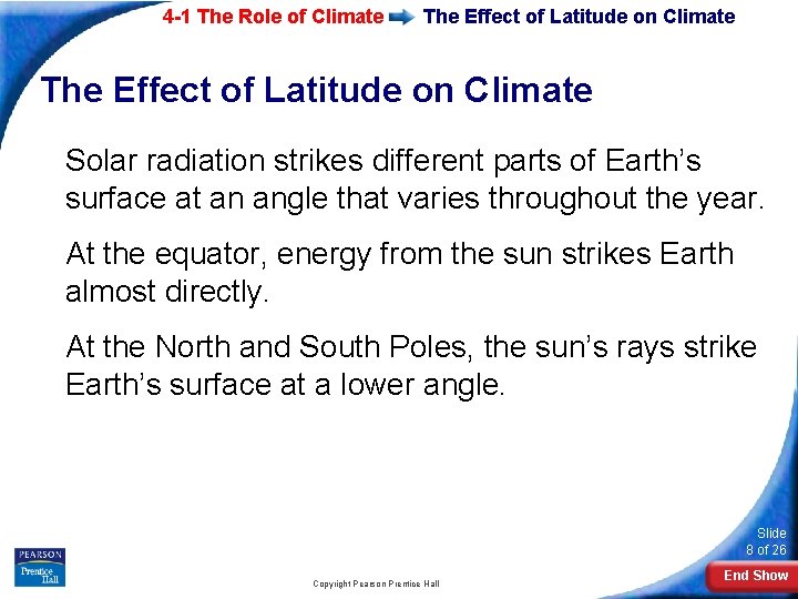 4 -1 The Role of Climate The Effect of Latitude on Climate Solar radiation