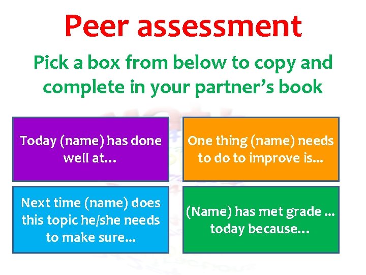 Peer assessment Pick a box from below to copy and complete in your partner’s