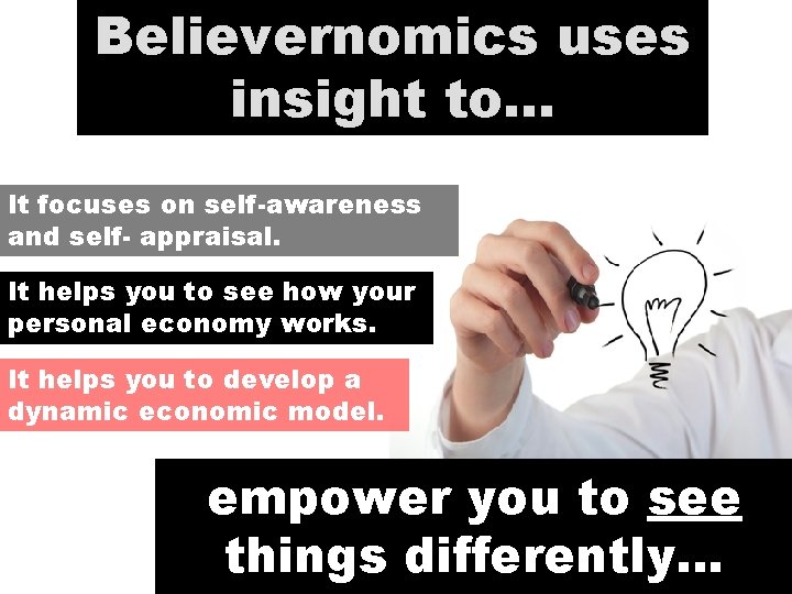 Believernomics uses insight to… It focuses on self-awareness and self- appraisal. It helps you