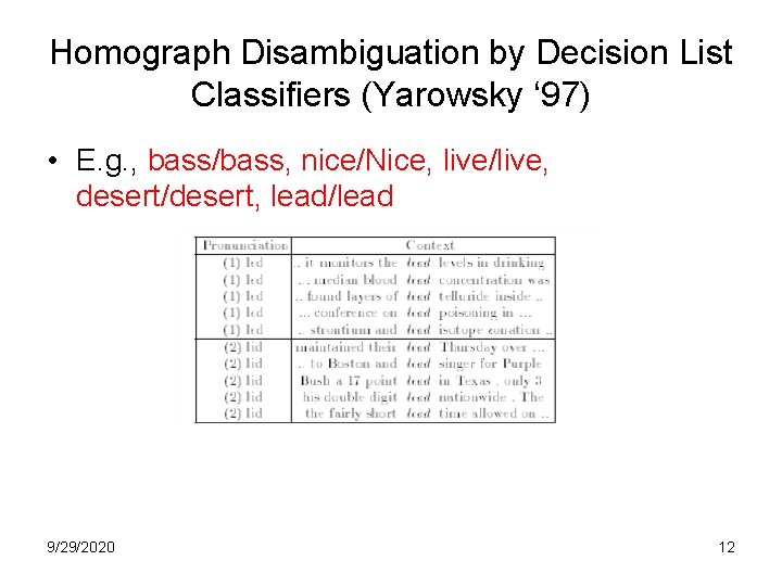 Homograph Disambiguation by Decision List Classifiers (Yarowsky ‘ 97) • E. g. , bass/bass,