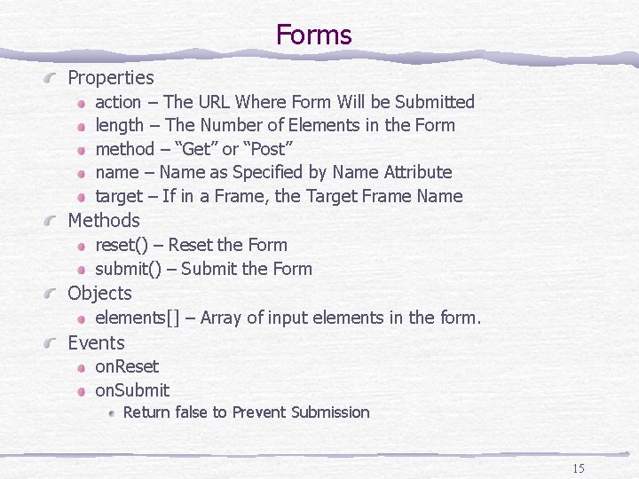 Forms Properties action – The URL Where Form Will be Submitted length – The