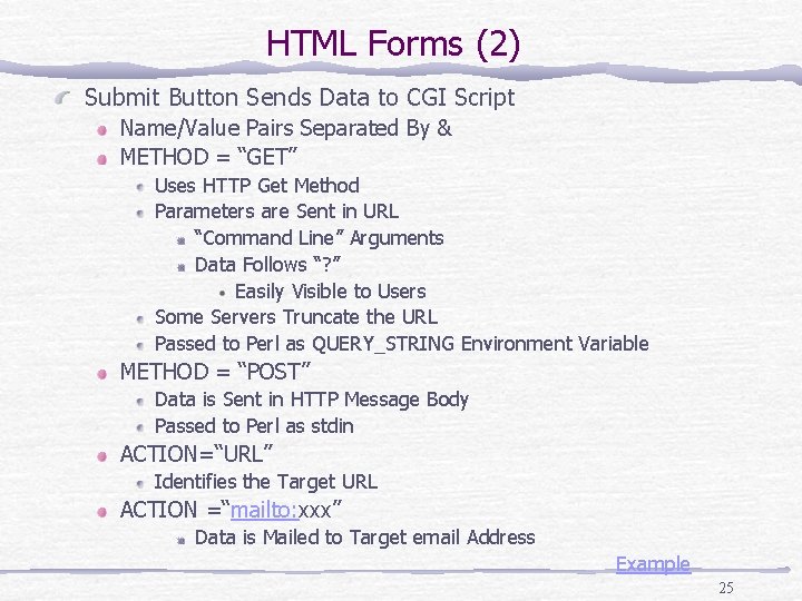 HTML Forms (2) Submit Button Sends Data to CGI Script Name/Value Pairs Separated By