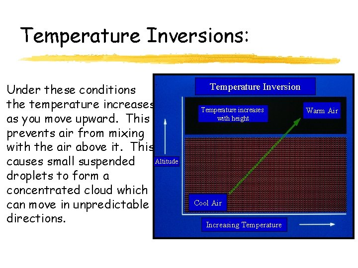 Temperature Inversions: Under these conditions the temperature increases as you move upward. This prevents