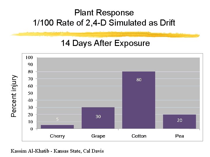 Plant Response 1/100 Rate of 2, 4 -D Simulated as Drift Percent injury 14