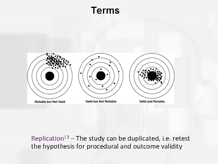 Terms Reliability 11/Validity 12 – Consistency/accuracy of measurements Replication 13 – The study can