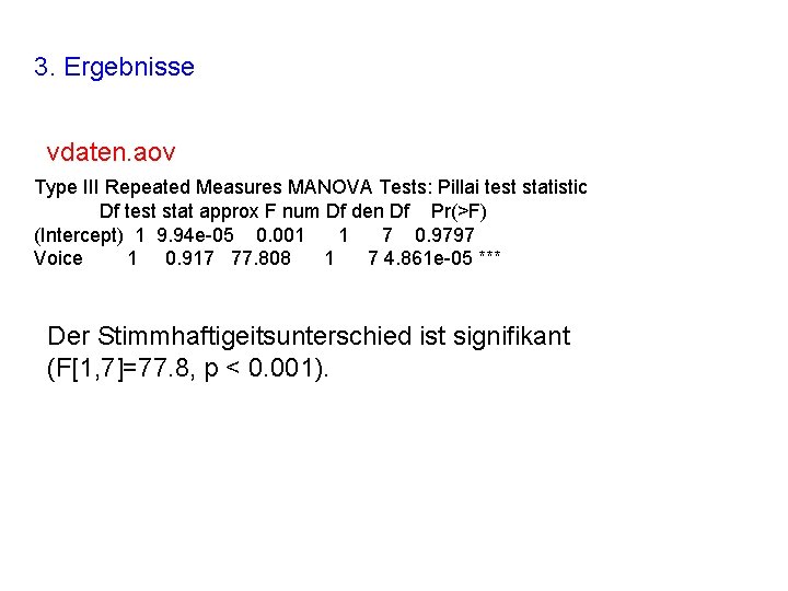 3. Ergebnisse vdaten. aov Type III Repeated Measures MANOVA Tests: Pillai test statistic Df