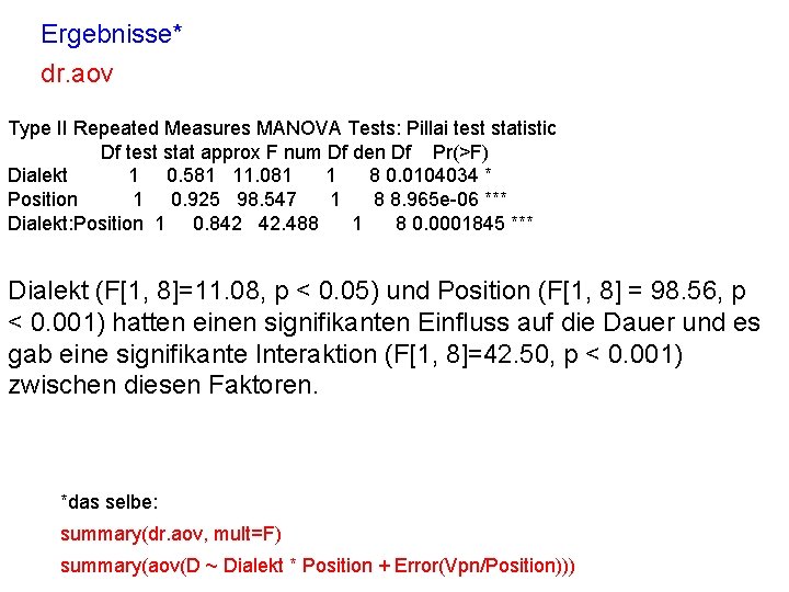 Ergebnisse* dr. aov Type II Repeated Measures MANOVA Tests: Pillai test statistic Df test