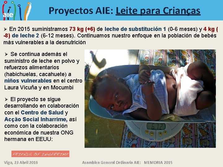 Proyectos AIE: Leite para Crianças En 2015 suministramos 73 kg (+6) de leche de