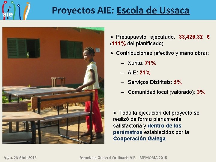 Proyectos AIE: Escola de Ussaca Presupuesto ejecutado: 33, 426. 32 € (111% del planificado)