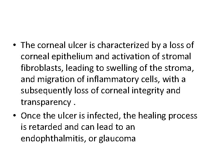  • The corneal ulcer is characterized by a loss of corneal epithelium and