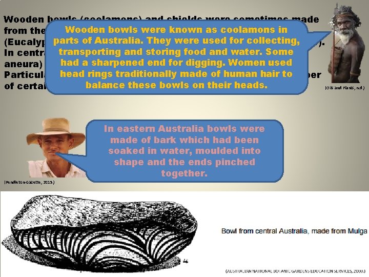 Wooden bowls (coolamons) and shields were sometimes made Wooden bowlsofwere known as coolamons in