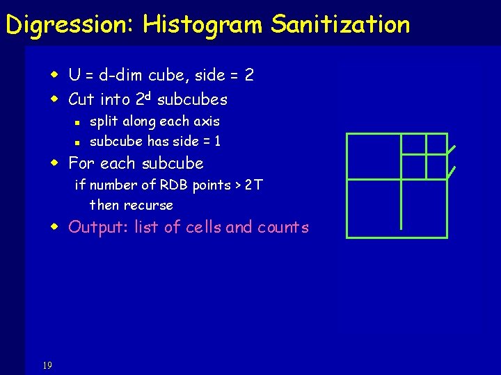 Digression: Histogram Sanitization w U = d-dim cube, side = 2 w Cut into