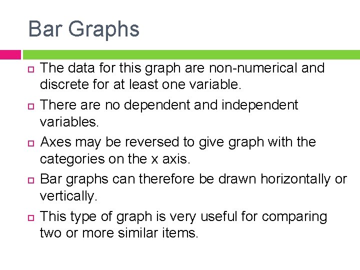 Bar Graphs The data for this graph are non-numerical and discrete for at least