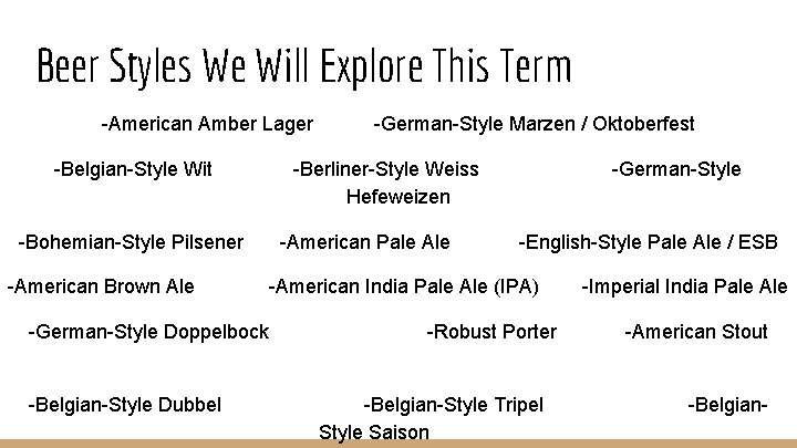 Beer Styles We Will Explore This Term -American Amber Lager -Belgian-Style Wit -Bohemian-Style Pilsener