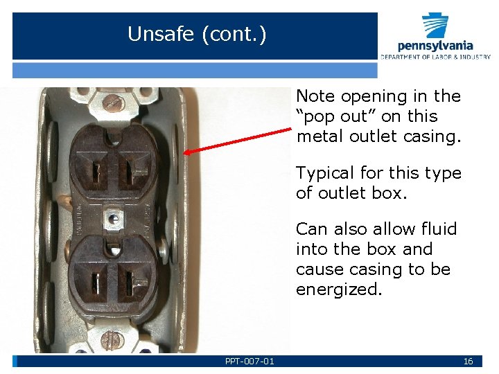 Unsafe (cont. ) Note opening in the “pop out” on this metal outlet casing.