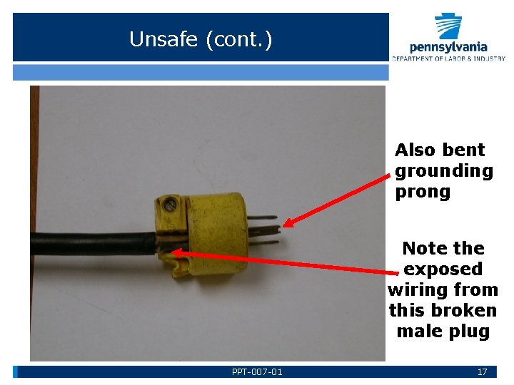 Unsafe (cont. ) Also bent grounding prong Note the exposed wiring from this broken