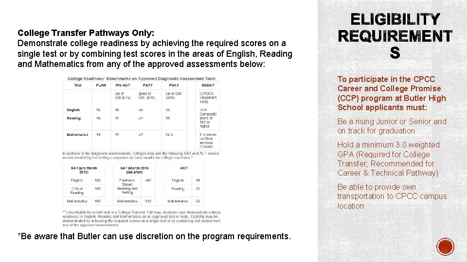 College Transfer Pathways Only: Demonstrate college readiness by achieving the required scores on a