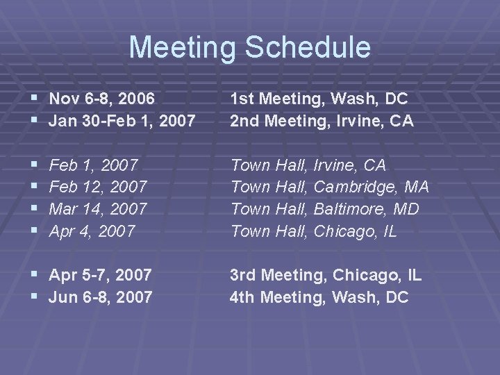 Meeting Schedule § Nov 6 -8, 2006 § Jan 30 -Feb 1, 2007 1