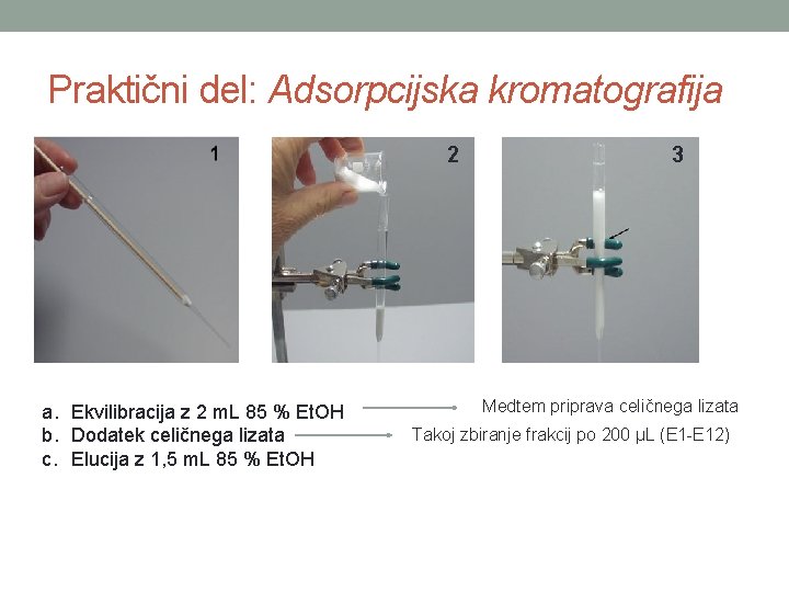 Praktični del: Adsorpcijska kromatografija 2 a. Ekvilibracija z 2 m. L 85 % Et.