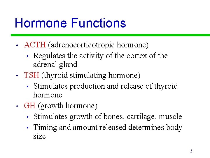 Hormone Functions • • • ACTH (adrenocorticotropic hormone) • Regulates the activity of the