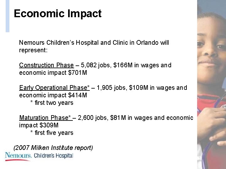 Economic Impact Nemours Children’s Hospital and Clinic in Orlando will represent: Construction Phase –