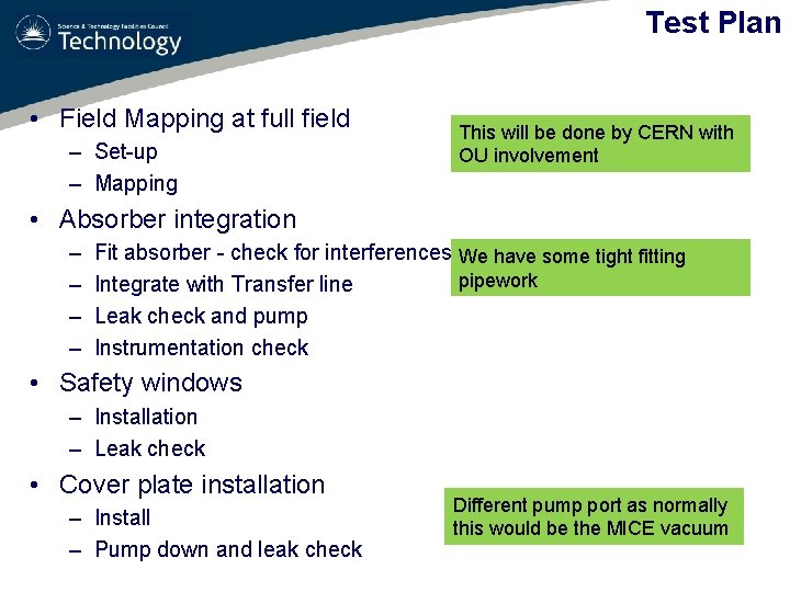 Test Plan • Field Mapping at full field – Set-up – Mapping This will