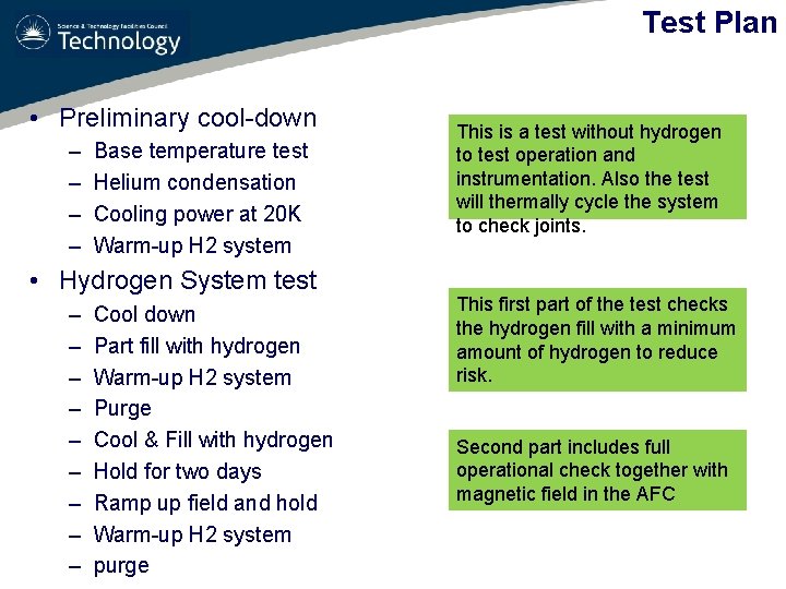 Test Plan • Preliminary cool-down – – Base temperature test Helium condensation Cooling power