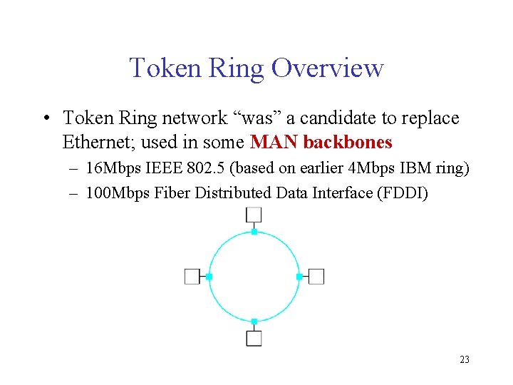 Token Ring Overview • Token Ring network “was” a candidate to replace Ethernet; used