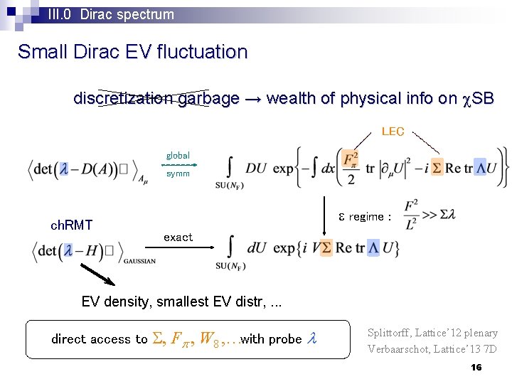 III. 0 Dirac spectrum Small Dirac EV fluctuation discretization garbage → wealth of physical