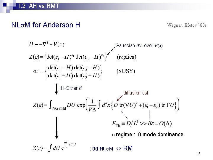 I. 2 AH vs RMT NLs. M for Anderson H Wegner, Efetov ’ 80