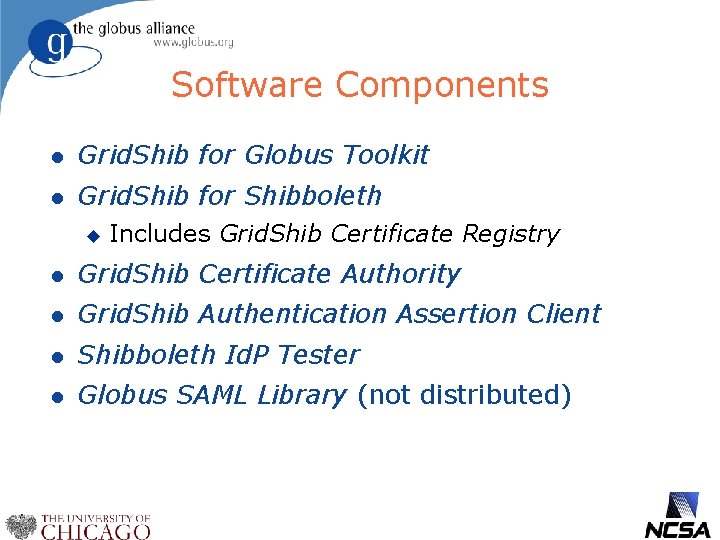 Software Components l Grid. Shib for Globus Toolkit l Grid. Shib for Shibboleth u
