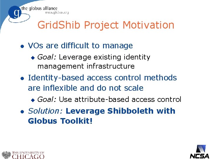 Grid. Shib Project Motivation l VOs are difficult to manage u l Identity-based access