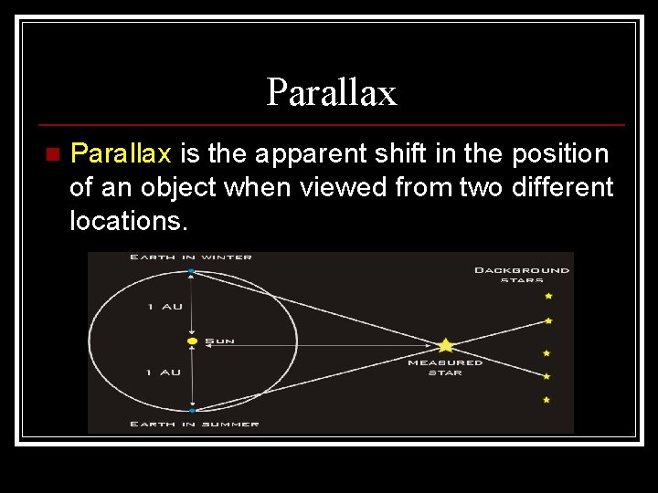 Parallax n Parallax is the apparent shift in the position of an object when